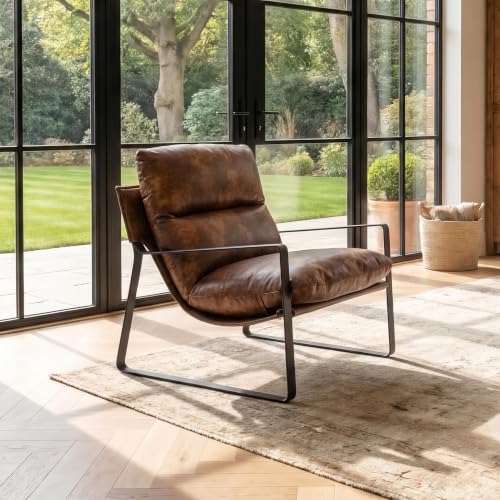 1-Pack Brown PU Leather Accent Chair, Modern Living Room Chair | Comfy Armchairs, Upholstered Lounge Armchair, Removable Seat Cushion, Black Metal Frame, For Reading Room, Bedroom, Balcony - color: Brown-black Legs, size: 1PC