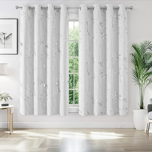 WUBODTI Silver Marble Blackout Curtains 54 inch Bedroom Grommet 2 Panels | Silver on white,metallic pattern,modern,abstract,thermal insulated, room darkening,living room,privacy,window treatments - color: Grey White and Silver, size: 52"W x 54"L (Pack of