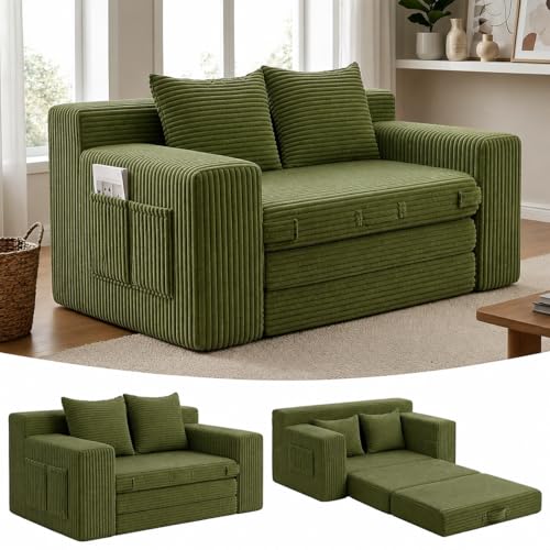 Boneless Loveseat Sleeper Sofa Bed: 3-in-1 Convertible Sofa Bed with Side Pockets & Handle,Pull Out Couch with 2 Pillows,Folding Futon for Small Space,Living Room & Bedroom,Green - color: A-green, size: 2 Seater Sofa