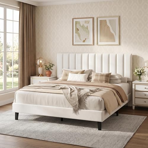 Garvee Queen Size Platform Bed Frame with Upholstered Headboard, White | Fully Velvet Upholstered Mattress Foundation with Height Adjustable Headboard, No Box Spring Needed, Easy Assembly - color: White, size: Queen