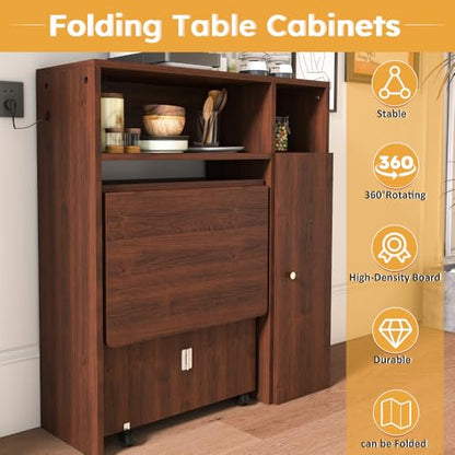 Wall-Mounted Folding Dining Set, Smart Sideboard with Power Outlet & Storage, 3-Mode Expandable Table for6 People, Space-Saving Solution for Small Apartments - color: Walnut (Table Only)