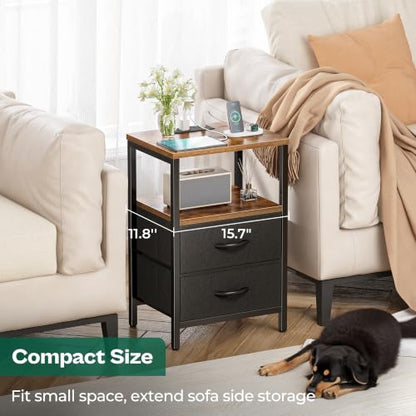 Huuger Nightstand with Charging Station, Side Table with Fabric Drawers, End Table with Open Shelf, Bedside Table with USB Ports and Outlets, Night Stand for Bedroom, Rustic Brown and Black | End Table with Open Shelf, Bedside Table with USB Ports and Out