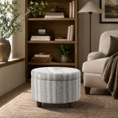 HomePop 24" Large Round Storage Ottoman - Gray Striped Pattern - color: Gray Striped Pattern