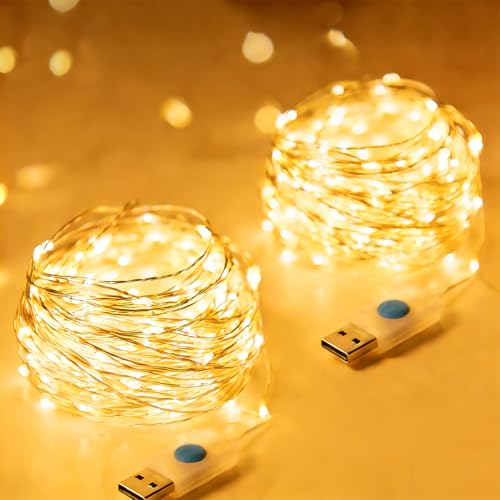 USB Fairy Lights, 2 Pack 33Ft 100 LED, Flexible Silver Wire Mini String Lights for Bedroom Wedding Christmas Decor, DIY Crafting, Warm White