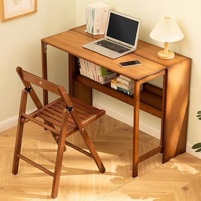 HRVEOCEI Bamboo Fold Out Desk with Storage, Mid Century Hideaway Desk for Small Spaces, Folding Computer Desk for Home Office Bedroom Apartment, Space Saving (Light Walnut) - color: Light Walnut
