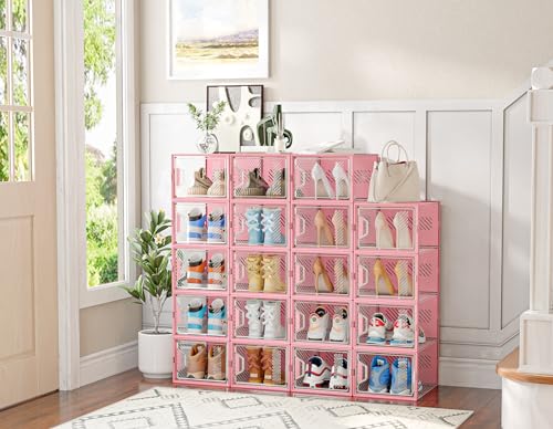 SIMPDIY XL Clear Shoe Storage Boxes, Stackable Shoe Organizer for Closet | 12 Pack, for Size 13, Magnetic Door, Aromatherapy Stick, Plastic, Shoe Rack for Closet, Entryways, Under-bed Storage - color: Pink