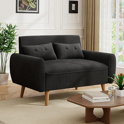 47'' Small Loveseat Sofa, 2 Seat Compact Couch with Tapered Legs, Black Upholstered Furniture, Solid Wood Frame, Comfy Foam Cushion, Easy Assembly for Small Spaces - color: Black