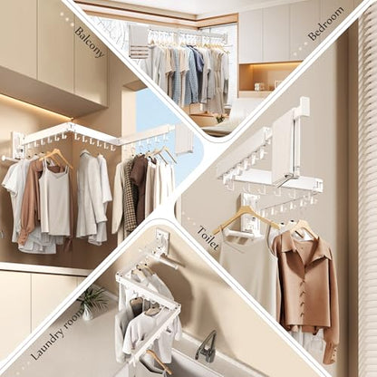 Wall Mounted Collapsible Clothes Drying Rack, Space-Saving Laundry Drying Rack Clothing Hanger, Durable Foldable Design Extends Left, Right & Up for Upgraded Versatility - style: Upgrde-White Hooks