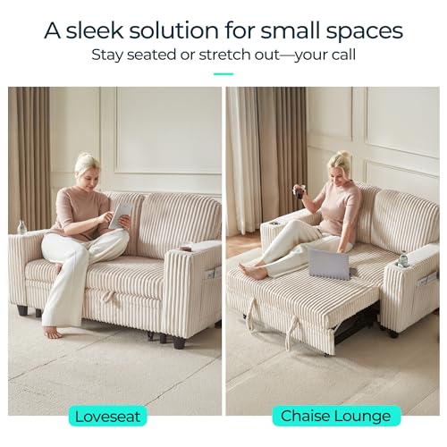 LINSY HOME Loveseat Sofa with Pull Out Couch Chaise: 2-in-1 Convertible 2 Seater Sofa with USB Charging & Cup Holders, Comfy Plush Corduroy Love Seat for Small Spaces Living Room Apartment, Beige