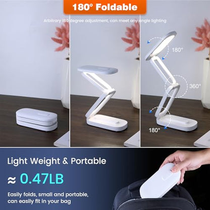 Foldable LED Desk Lamp, Rechargeable Battery Operated Portable Light with 3 Brightness Levels, 180° Adjustable Eye-Caring Mini Lamp for Home Office, Reading & Travel (White)