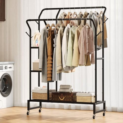 Yoobure Double Rods Clothes Rack - Portable Clothing Rack with Wheels, Rolling Garment Rack with 3-Tier Shelves & 4 Hooks, Freestanding Clothing Racks for Hanging clothes, Coat Rack for Closet Bedroom - color: Black
