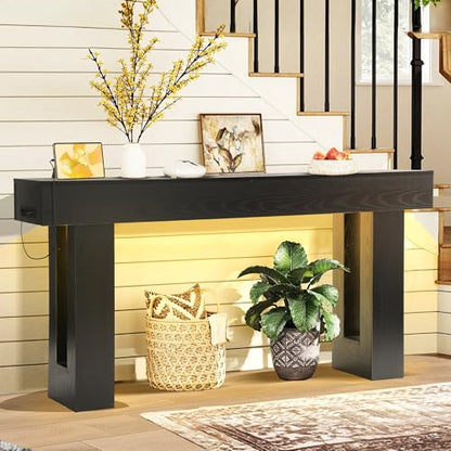 Grepatio 63 Inch Entryway Console Table, Wood Entry Way Table with LED Light, Long Console Table with USB Power Outlet, Narrow Sofa Behind Couch Tables for Entrance, Hallway, Living Room (LED Black) - color: Led Black