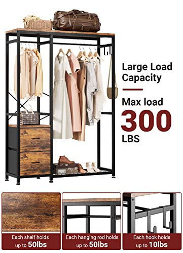 Clothes Rack with 2 Rods, Shelves, Drawers & Hooks, Garment Rack | Clothes rack with 2 hanging rods (50lbs each), 2 shelves, 2 fabric drawers & 4 hooks. 300lb total capacity. Fits small spaces - color: Rustic Brown