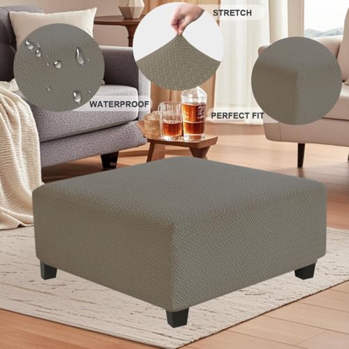 Levoberg Waterproof Square Ottoman Cover Large Square Folding Storage Ottoman Bench Slipcovers Footrest Stool Covers Oversized Ottoman Coffee Table Covers Cube with Elastic Bottom M Taupe - color: Taupe, size: Square-M