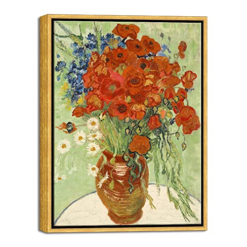 Wieco Art Framed Wall Art of Red Poppies and Daisies by Vincent Van Gogh Paintings Reproduction Abstract Canvas Prints for Home Living Room Decorations Bronze Gold Frame - size: 16"L x 12"W
