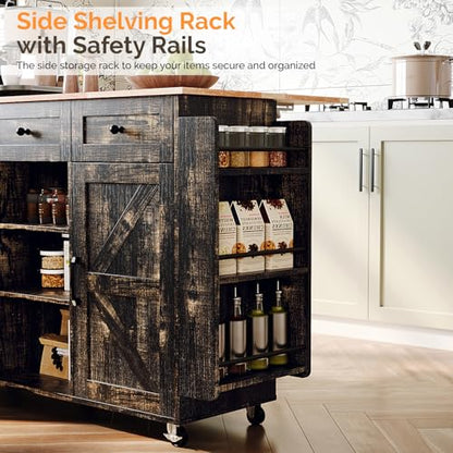 VINGLI 52" W Kitchen Island with Storage and Drop Leaf, Black & Gold | Farmhouse Rolling Cart with 3 Drawers, 2 Barn Doors, Adjustable Shelves, Side Rack and Locking Wheels - color: Black & Gold