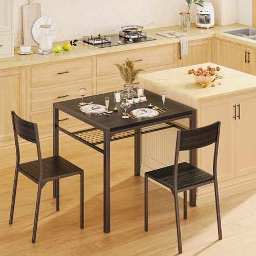 Gizoon 3-Piece Dining Table Set for 2, Small Kitchen Table & Chairs Black | Compact black 2-person dining set perfect for apartments. Features under-table storage rack and 2 chairs that tuck away. - color: Black, size: seat for 2