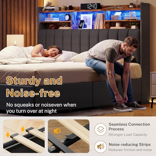 Queen Bed Frame with Headboard and 4 Drawers Storage, Bed Frame Queen Size Built in LED Lights and Charging Station, Sturdy & Noise-Free Upholstered Platform Metal Support Bed, Dark Grey