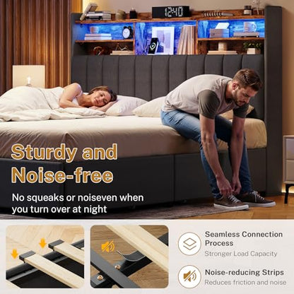 Queen Bed Frame with Headboard and 4 Drawers Storage, Bed Frame Queen Size Built in LED Lights and Charging Station, Sturdy & Noise-Free Upholstered Platform Metal Support Bed, Dark Grey