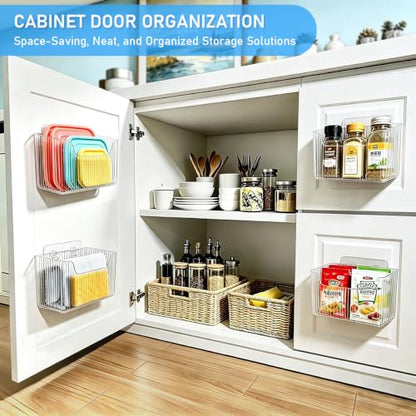 4 Pack Cabinet Door Organizer, Adhesive Wall Mounted Stackable Clear Storage Basket for Kitchen, Bathroom, Pantry, Under Sink, Office, Tabletop, and Cabinet Door Organization