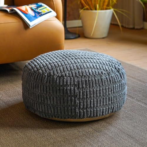 Round Unstuffed Pouf Ottoman Cover Storage Foot Rest, Gray | Cover Only, 20x20x8 In, Soft Corduroy, Ribbed Texture, Living Room, Bedroom, Reading Nook - color: Gray a