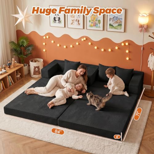 6-in-1 Boneless Couches Modular Sectional Sofa | Cloud Couch Sectional & Tri-Folding Mattress | Corduroy Pet-Friendly Convertible Sofa Bed with 800LB Capacity Living Room, Apartment, Guest Room - color: Black