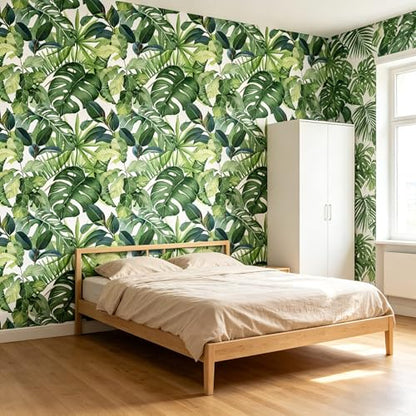 Tropical Green Leaf Watercolor Monstera Plant Peel and Stick | self adhesive Wallpaper - 96''x32'' - color: X11, size: 32" x 96"