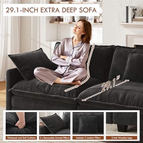 77" Cloud Sofa Loveseat, Comfy Sectional Couch, 2-Seater Chenille Deep Seat Sofa with Throw Pillows for Living Room Bedroom Apartment (Black) - color: Black, size: 77" Sofa