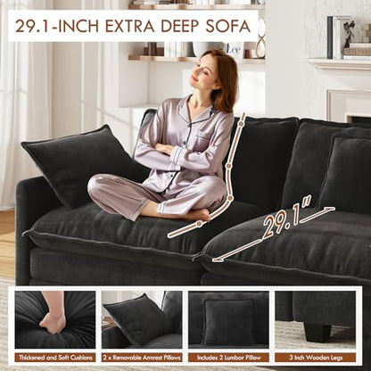 77" Cloud Sofa Loveseat, Comfy Sectional Couch, 2-Seater Chenille Deep Seat Sofa with Throw Pillows for Living Room Bedroom Apartment (Black) - color: Black, size: 77" Sofa
