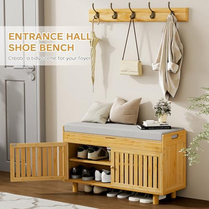 Shoe Storage Bench Coat Rack Set, 35.4" Bamboo Hall Tree Entryway Bench | Shoes Bench with Lift Top Hidden Storage & Wall Hooks, 2-Tier Shoe Cabinet with Seat Cushion for Foyer, Hallway, Natural - color: Natural With Hooks