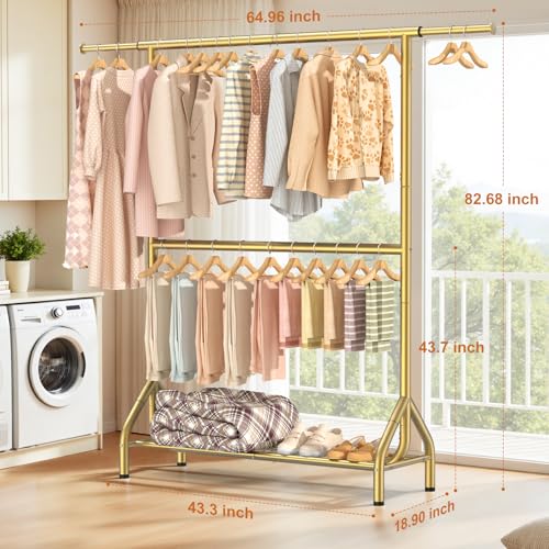Double Rod Clothing Rack Load 622 LBS, Heavy Duty Clothes Rack for Hanging Clothes, 82.68 inch High Garment Rack with Sotrage Shelves, Metal Clothing Hanger Closet Wardrobe Organizer (Gold) - color: Gold