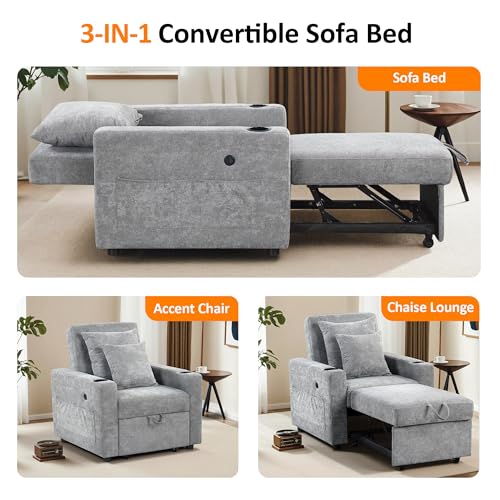 MCombo Convertible Sleeper Chair Bed, 3-in-1 Folding Sofa Chair with Adjustable Backrest, Pull-Out Bed with USB Port, Cup Holders, Linen Fabric, for Small Spaces Living Room Guest Room Office VN6001