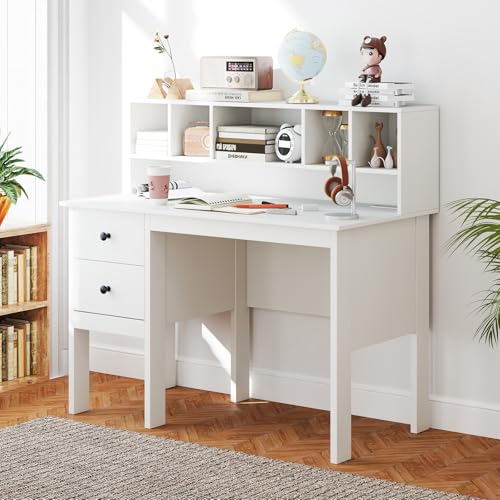 Tangkula White Desk with Drawers & Hutch, Modern Home Office Desk Writing Study Desk with Charging Station, Laptop Desk with 5 Storage Compartments, Computer Workstation Makeup Vanity Desk - color: White