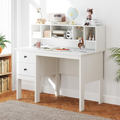 Tangkula White Desk with Drawers & Hutch, Modern Home Office Desk Writing Study Desk with Charging Station, Laptop Desk with 5 Storage Compartments, Computer Workstation Makeup Vanity Desk - color: White