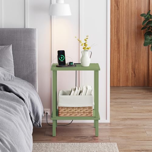 TUTOTAK End Table with Charging Station, Side Table Set of 2, Nightstand | 2-Tier Storage Shelf, Bedside Table with USB Ports, Sofa Table for Small Space, Livingroom, Bedroom Olive Green TB01BOG041 - color: Olive Green