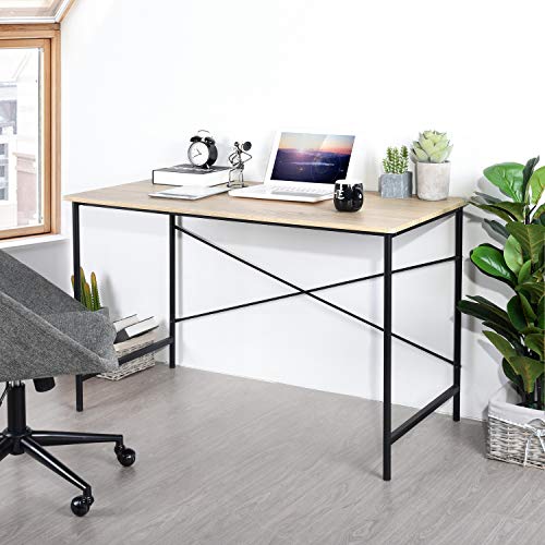 Modern Computer Desk with Light Wood Top, 47.2" x 23.6" Writing Table, Black Metal Frame with Cross Brace, Minimalist Home Office Desk for Study or Workstation or Entryway