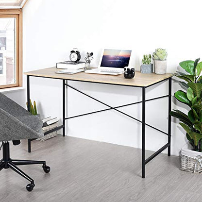 Modern Computer Desk with Light Wood Top, 47.2" x 23.6" Writing Table, Black Metal Frame with Cross Brace, Minimalist Home Office Desk for Study or Workstation or Entryway