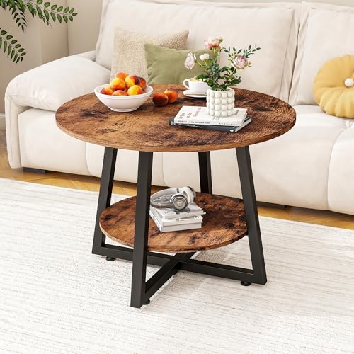Round Coffee Table with Storage,Metal Small Coffee Table,Brown | 2-Tier Circle Small Coffee Table for Living Room, Metal Frame/Wood Look,Modern Sofa Table Center for Home Office - color: Brown