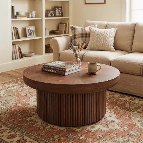 33.5" Round Coffee Table with Real Wood Parquet Top,Walnut | Mid-Century Modern Kitchen Table Center Table, Thickened Tabletop, Sturdy Base for living Room, Easy Assembly - color: E-33.5" Walnut