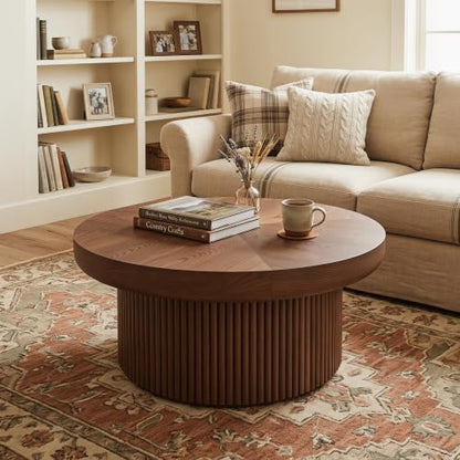 33.5" Round Coffee Table with Real Wood Parquet Top,Walnut | Mid-Century Modern Kitchen Table Center Table, Thickened Tabletop, Sturdy Base for living Room, Easy Assembly - color: E-33.5" Walnut