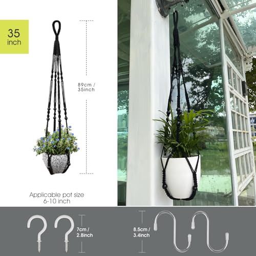 RIFNY Macrame Plant Hanger for 5 to 10 Inch Plant Pots, 35 Inch Indoor Handmade Woven Rope Hanger Kits with Hooks and Wood Beads, Hanging Planter Basket Holder for Boho Home Decor (Black, 3 Pack) | 35 Inch Hanging Planter with Hooks, Fits 5-10" Pots, Suit