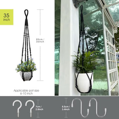 RIFNY Macrame Plant Hanger for 5 to 10 Inch Plant Pots, 35 Inch Indoor Handmade Woven Rope Hanger Kits with Hooks and Wood Beads, Hanging Planter Basket Holder for Boho Home Decor (Black, 3 Pack) | 35 Inch Hanging Planter with Hooks, Fits 5-10" Pots, Suit