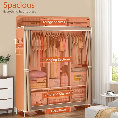 Portable Closet Wardrobe, Clothes Rail with Non-Woven Fabric Cover & 3 Hanging Rods and 6 Shelves, Clothes Storage Organizer, 16mm Diameter Steel Pipe for Bedroom and Living Room