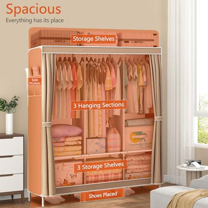 Portable Closet Wardrobe, Clothes Rail with Non-Woven Fabric Cover & 3 Hanging Rods and 6 Shelves, Clothes Storage Organizer, 16mm Diameter Steel Pipe for Bedroom and Living Room