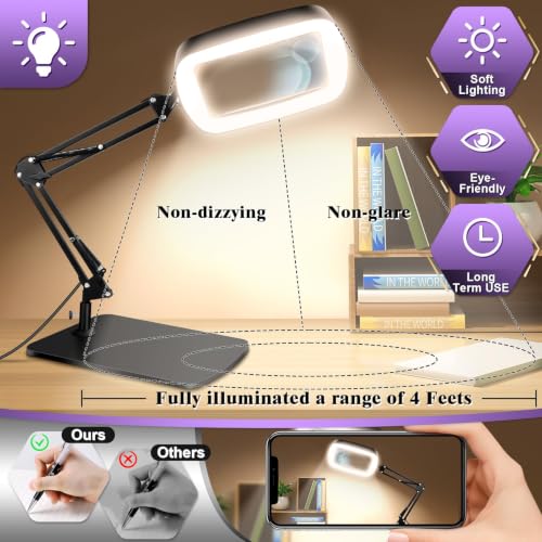 10X 30X Magnifying Glass with Light and Stand,Large Desk Lamp Magnifiers | Large Crystal-clear Magnifies,3 Color Modes&10 Brightness Levels for Reading,Crafting,Repair,flexible Arm,Large Stable Base