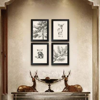4Pcs Framed Wall Art Set Forest Animal Sketches on Canvas Nature Inspired Gallery Grade Artwork Ideal for Living Rooms Bedrooms and Children's Rooms 8x10 Ready to Hang - color: Sketch