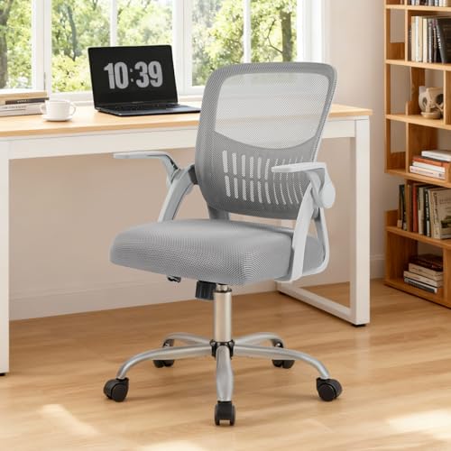 Sweetcrispy Computer Desk Chair, Home Office Chair, Lumbar Support | Flip Up Armrest, Adjustable Height, 360° Swivel Wheels, Ergonomic Mesh Mid-Back, Comfy Arms Bedroom Study - color: Grey, size: 23.22 Inch