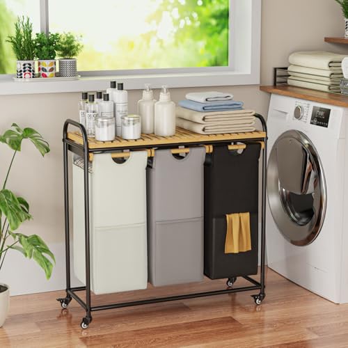 BambooHomie Laundry Hampers 3 Section, Laundry Sorter with Removable Shelf and Pull-Out Bags, Rolling Cart Clothes Hampers Basket with Wheels for Laundry Room Bathroom, 3 x 45 L (Black Beige Gray)