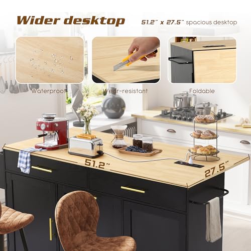 60" Kitchen Island with Power Outlet, Drop Leaf, Trash Can Storage | Rolling Kitchen Island Table Cart Cabinet with Drawer, Mobile Kitchen Cabinet on Wheels w/Spice Rack, Towel Bar, Hooks - color: Black, size: 60"