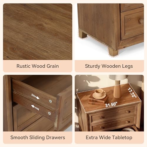 Solid Wood Nightstand with 3 Drawers, 31.5” Wide Bedside Table with Round Wooden Knobs & Low-Profile Legs for Stability, Mid-Century Modern Night Table for Bedroom, Easy Assembly